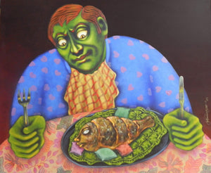 Bhog by Deblina Ghosh, Original Acrylic Figurative Painting on Canvas, Medium Horizontal Wall Art