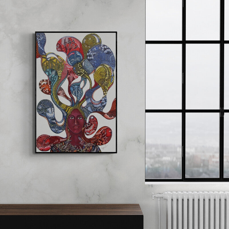 In-situ view of Umed Rawat's 'Bhoomi 1 (Nayika 2)' painting in a room