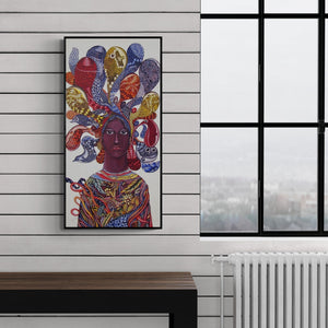 Preview of 'Bhoomi 2 (Nayika 3)' Painting by Umed Rawat shown on a wall in a furnished room.