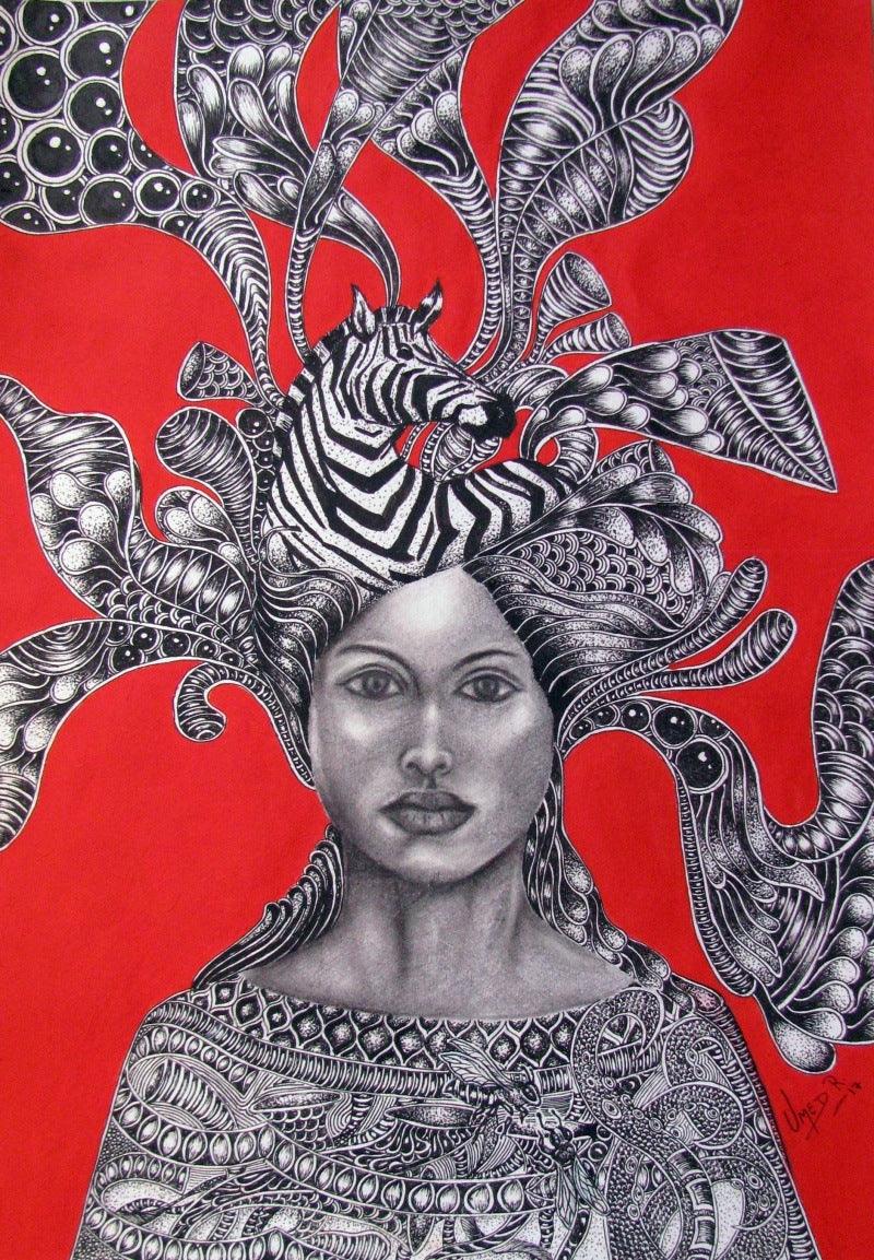 Surrealist acrylic painting titled 'Bhoomi III', 19x13 inches, by artist Umed Rawat on Paper