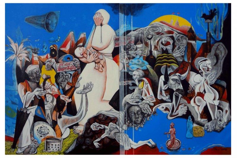 Figurative acrylic painting titled 'Bhopal Gas Tragedy', 72x48 inches, by artist Mahesh Pal Gobra on canvas