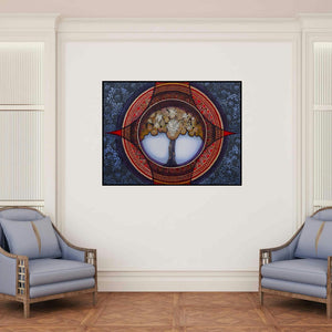 'Bhumija (Cosmic Tree)' painting by Nitu Chhajer shown on a wall in a furnished room.