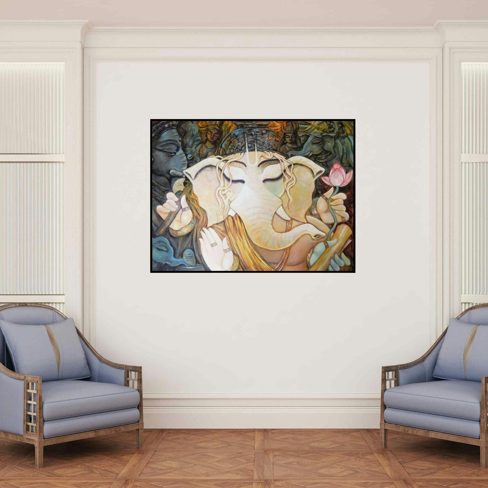 'Bhuwabpati' painting by Subrata Ghosh shown on a wall in a furnished room.