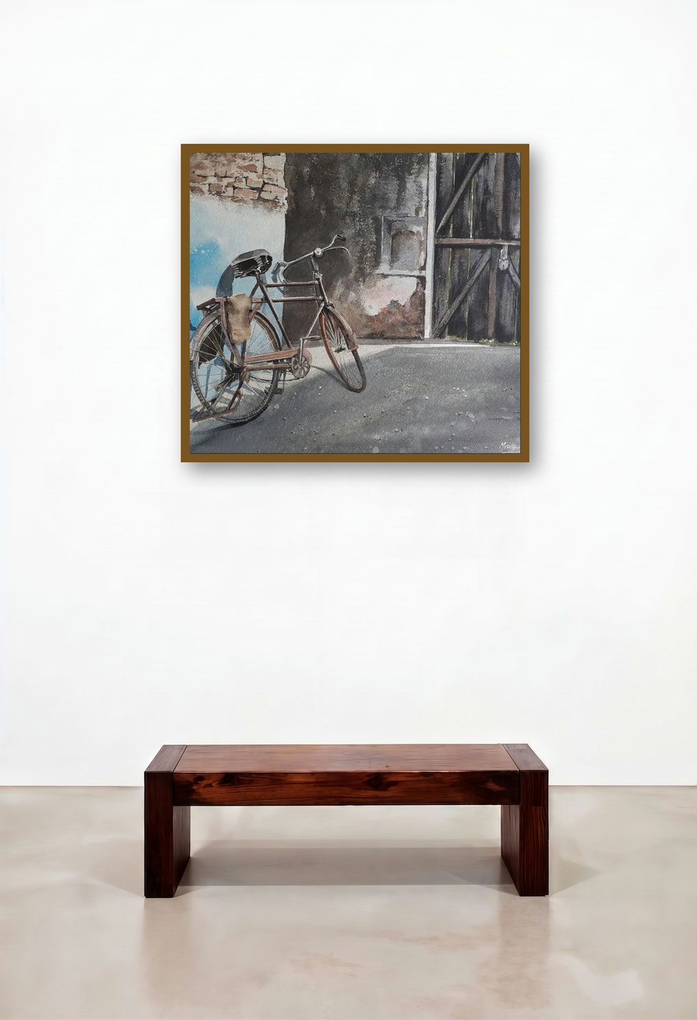 Bicycle And Blue Wall (A Moment in Time) by artist Mrutyunjaya Dash displayed in a Traditional Bedroom