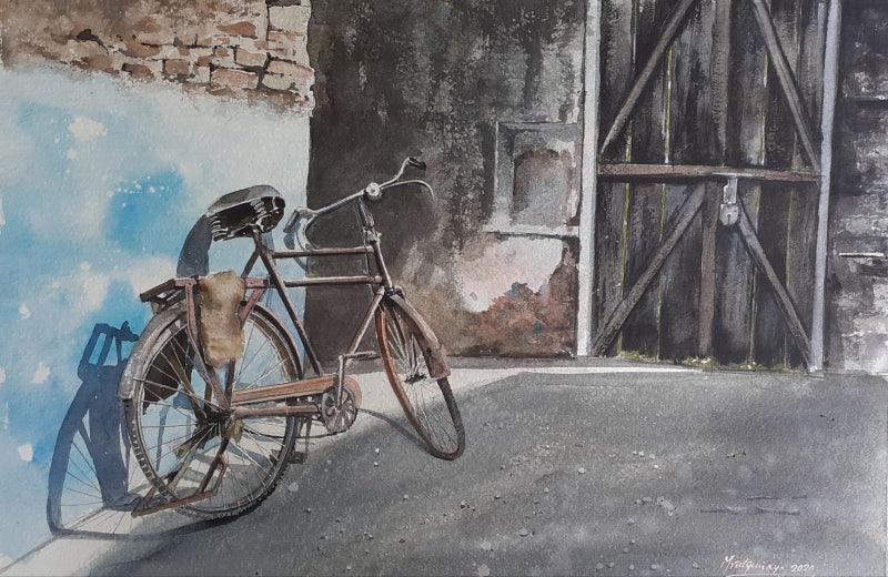 Transportation watercolor painting titled 'BiCycle and Blue wall', 22x15 inches, by artist Mrutyunjaya Dash on paper