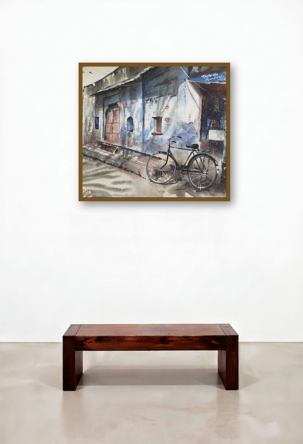 Bicycle In Jodhpur (A Moment of Tranquility) by artist Mrutyunjaya Dash displayed in a Transitional Living Room
