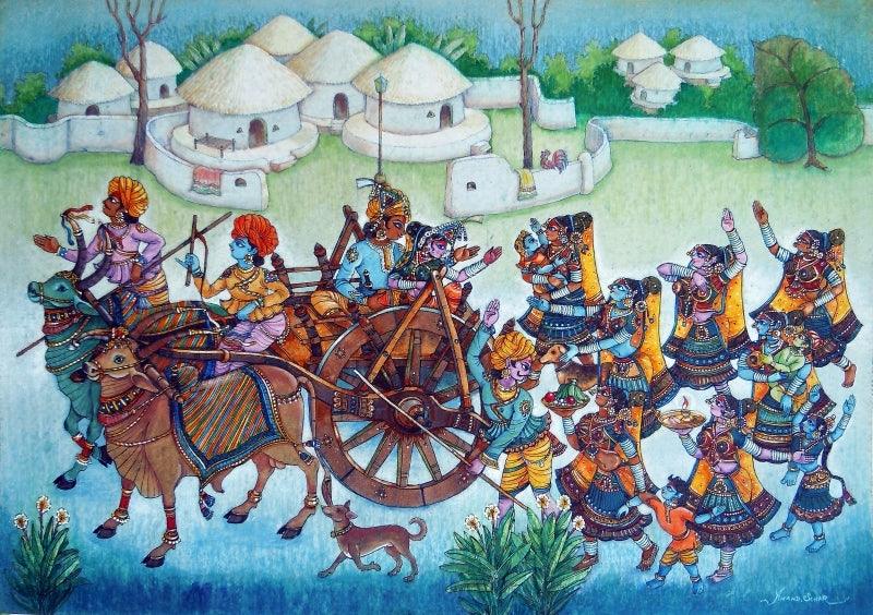 Figurative mixed media painting titled 'Bidayi', 20x29 inches, by artist Anand Sonar on Handmade Paper