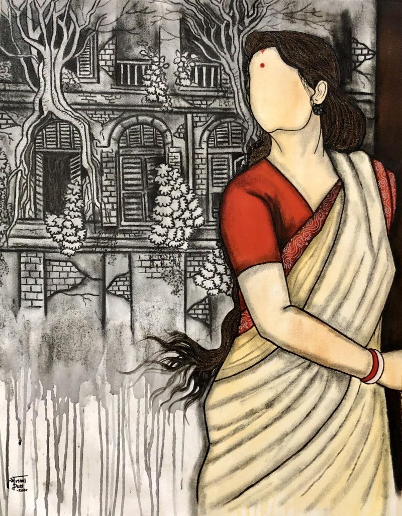 contemporary acrylic charcoal painting titled 'Bideshini', 30x36 inches, by artist Mrinal Dutt on Canvas