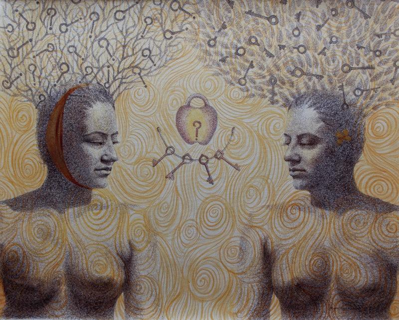 Nude mixed media painting titled 'Bilateral', 26x31 inches, by artist Mansi Sagar on Canvas