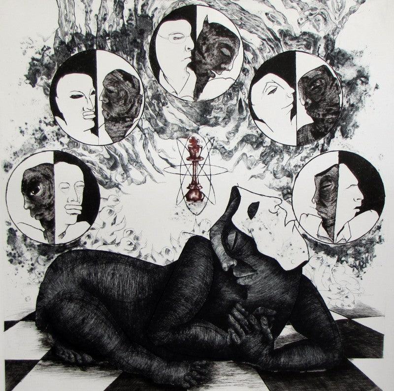 Figurative printmaking titled 'Bilateral Society', 24x24 inches, by artist Kavita Mehrotra on Paper