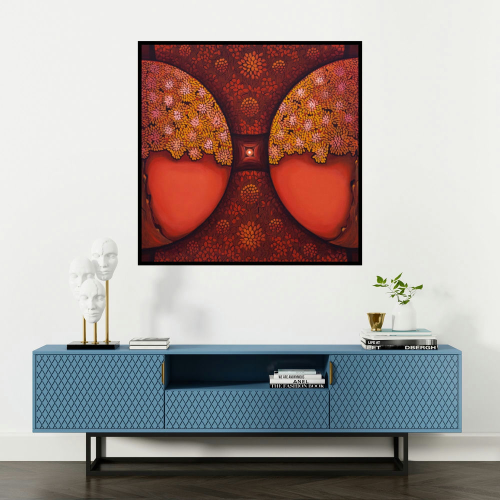 'Bindu The Consciousness Series 4' painting by Nitu Chhajer shown on a wall in a furnished room.