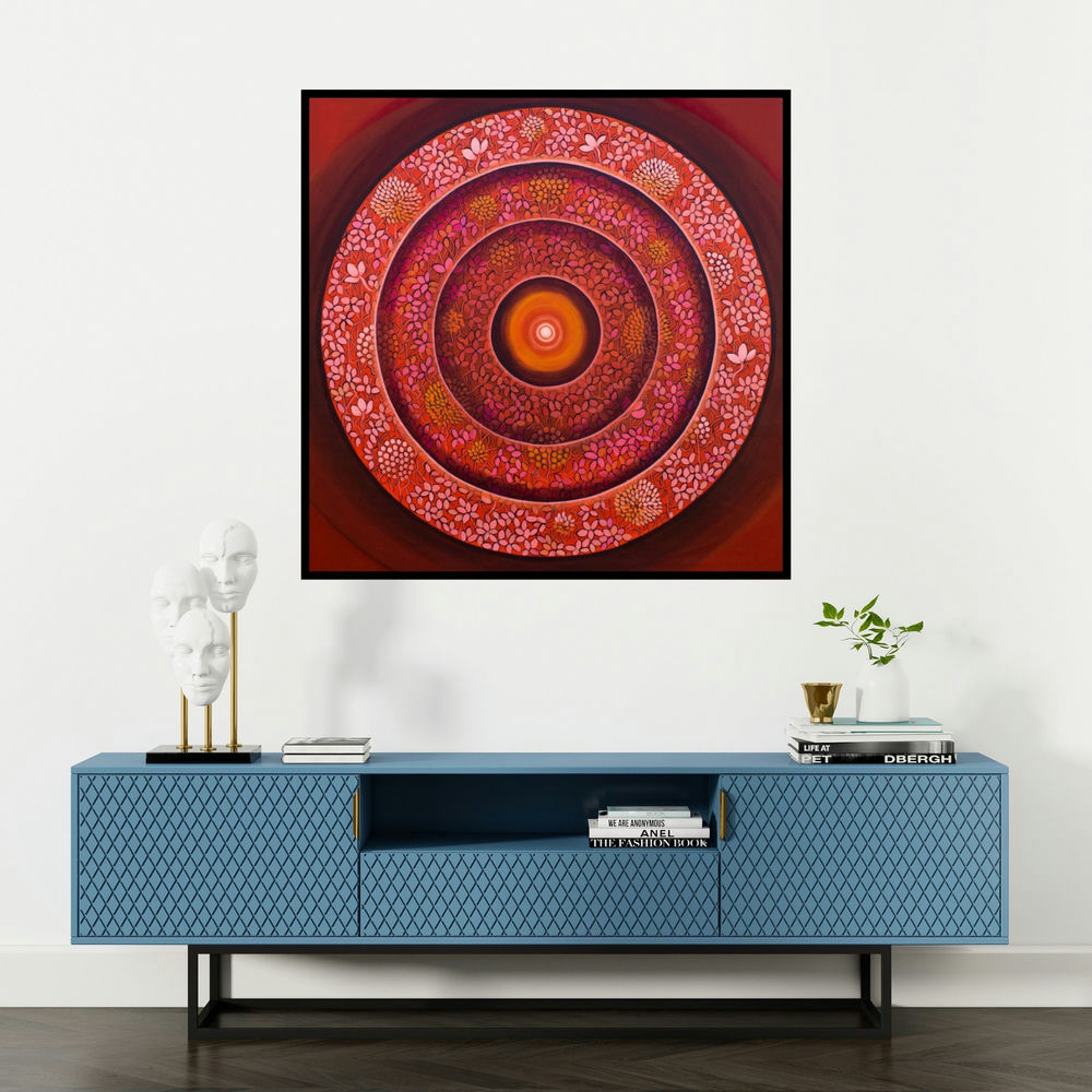 'Bindu The Consciusness Series 3 (The Cosmic Bloom)' painting by Nitu Chhajer shown on a wall in a furnished room.