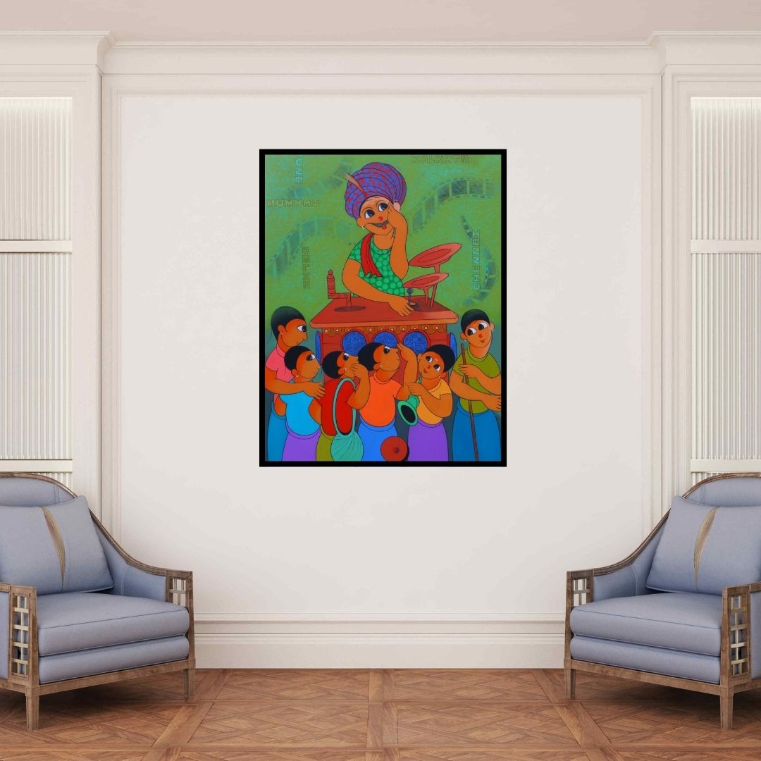 In-situ view of Dnyaneshwar Bembade's 'Bioscope' painting in a room