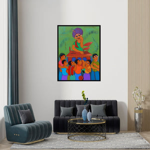 Preview of 'Bioscope' Painting by Dnyaneshwar Bembade shown on a wall in a furnished room.