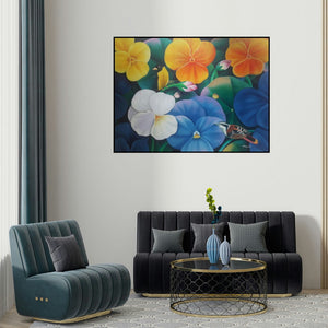 Murali Nagapuzha's 'Bird 3 (A Symphony of Colors)' painting visualized above a sofa in a contemporary room.