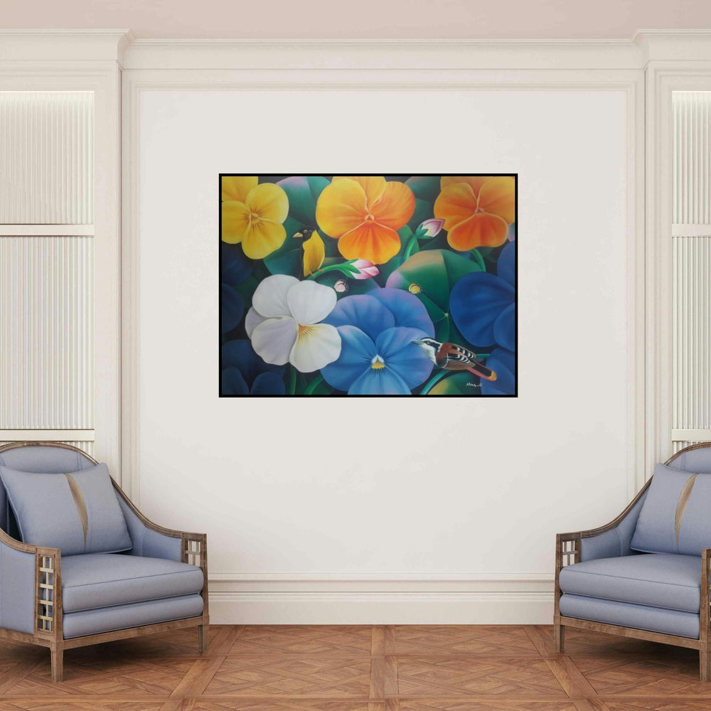 'Bird 3 (A Symphony of Colors)' painting by Murali Nagapuzha shown on a wall in a furnished room.