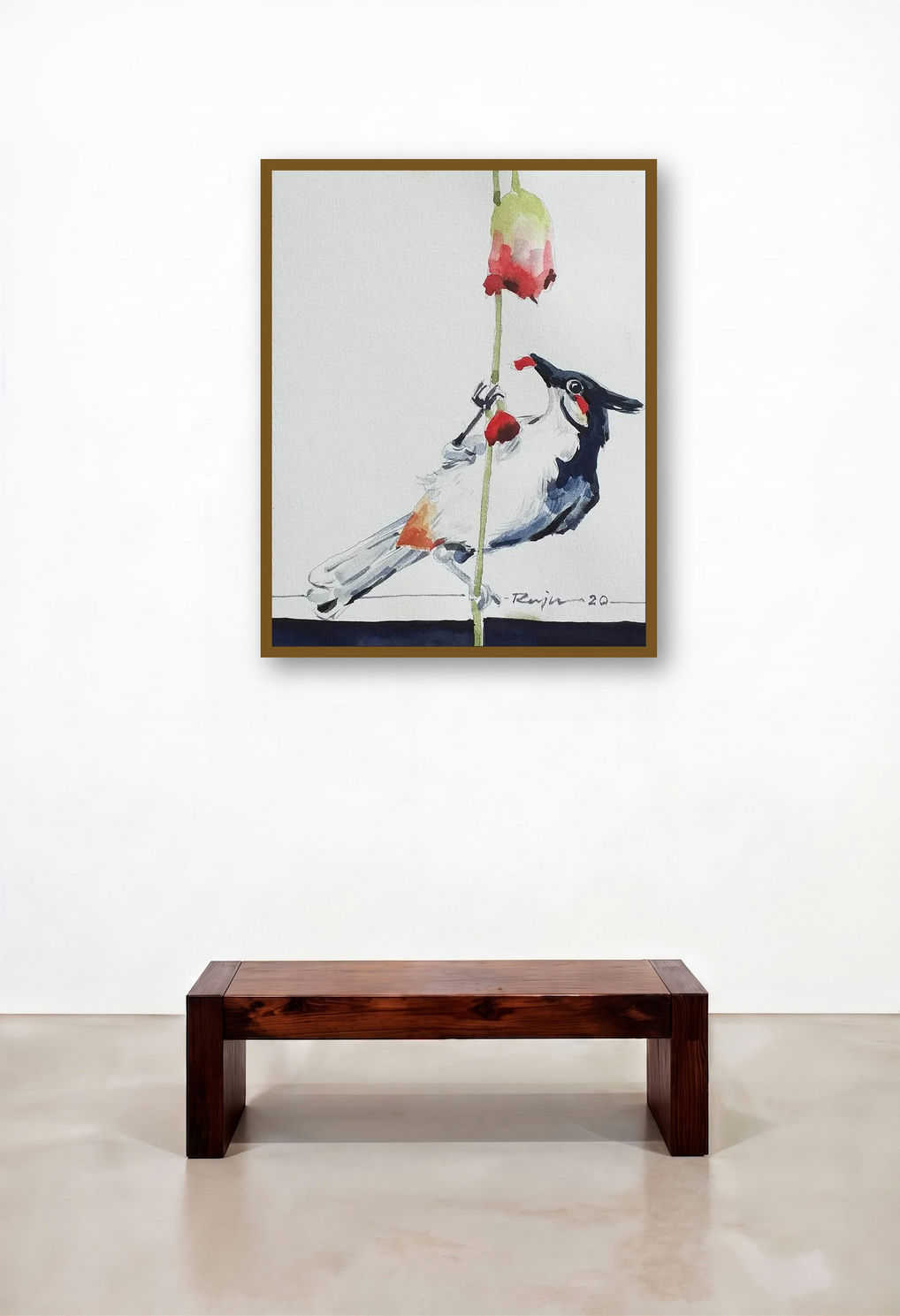 Bird 4 (A Colorful Feast) by artist Raju Sarkar displayed in a Japandi Bedroom
