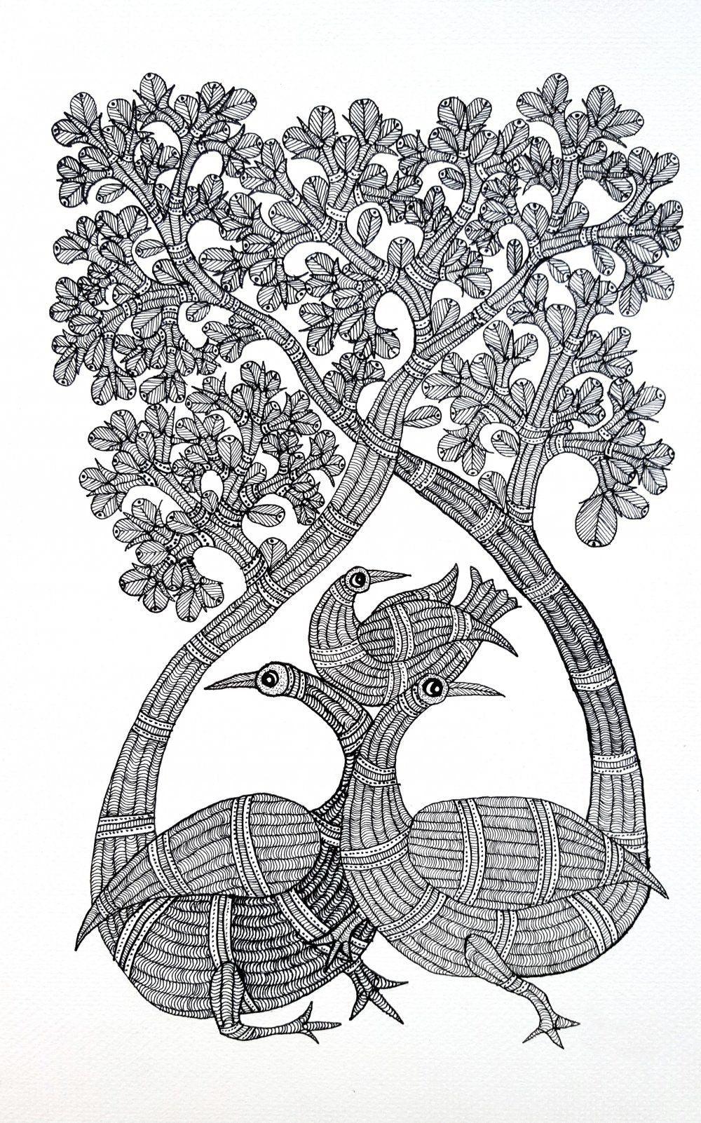 Folk Art gond traditional art titled 'Bird Family Under The Sal Tree Gond Art', 15x10 inches, by artist Chitrakant Shyam on Paper