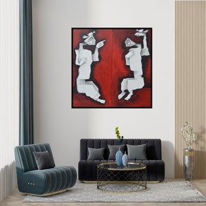 Preview of 'Bird Lovers (A Tale of Two Souls)' Painting by Amit Rajvanshi shown on a wall in a furnished room.