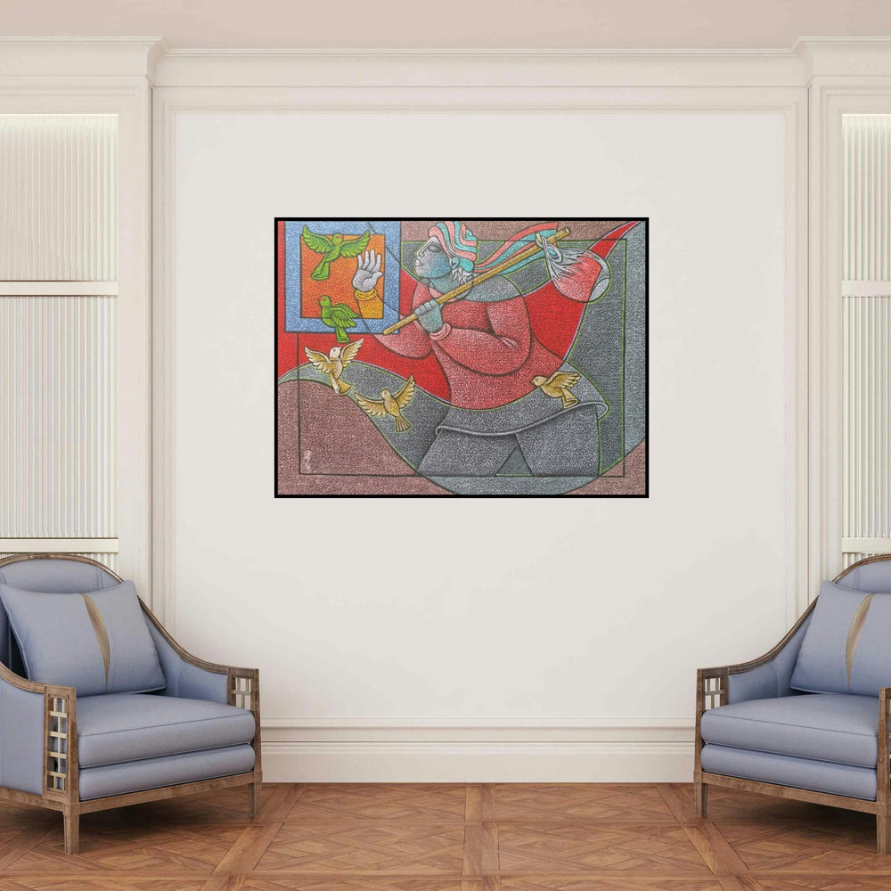 'Bird Watcher (The Journey Within)' painting by Satyajeet Shinde shown on a wall in a furnished room.