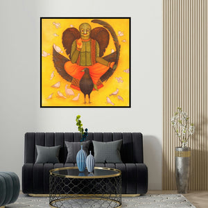 Meenakshi Jha Banerjee's 'Birdman (Garuda, The King of Birds)' painting visualized above a sofa in a contemporary room.