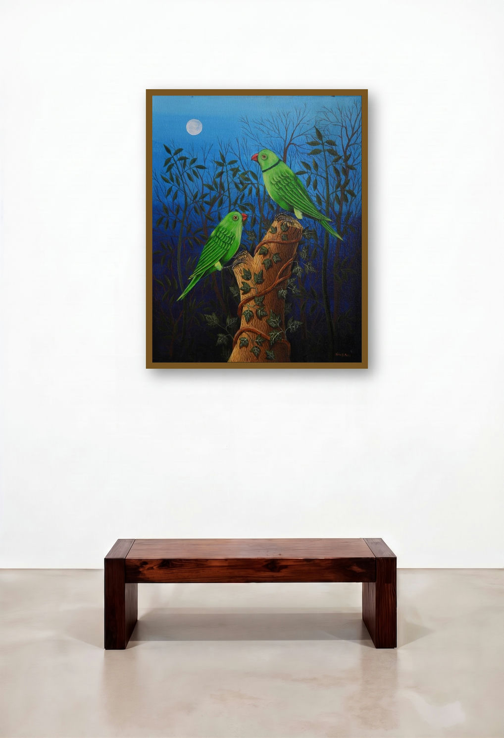Birds 1003 (Parrots at Night) by artist Santosh Patil displayed in a Eclectic Penthouse