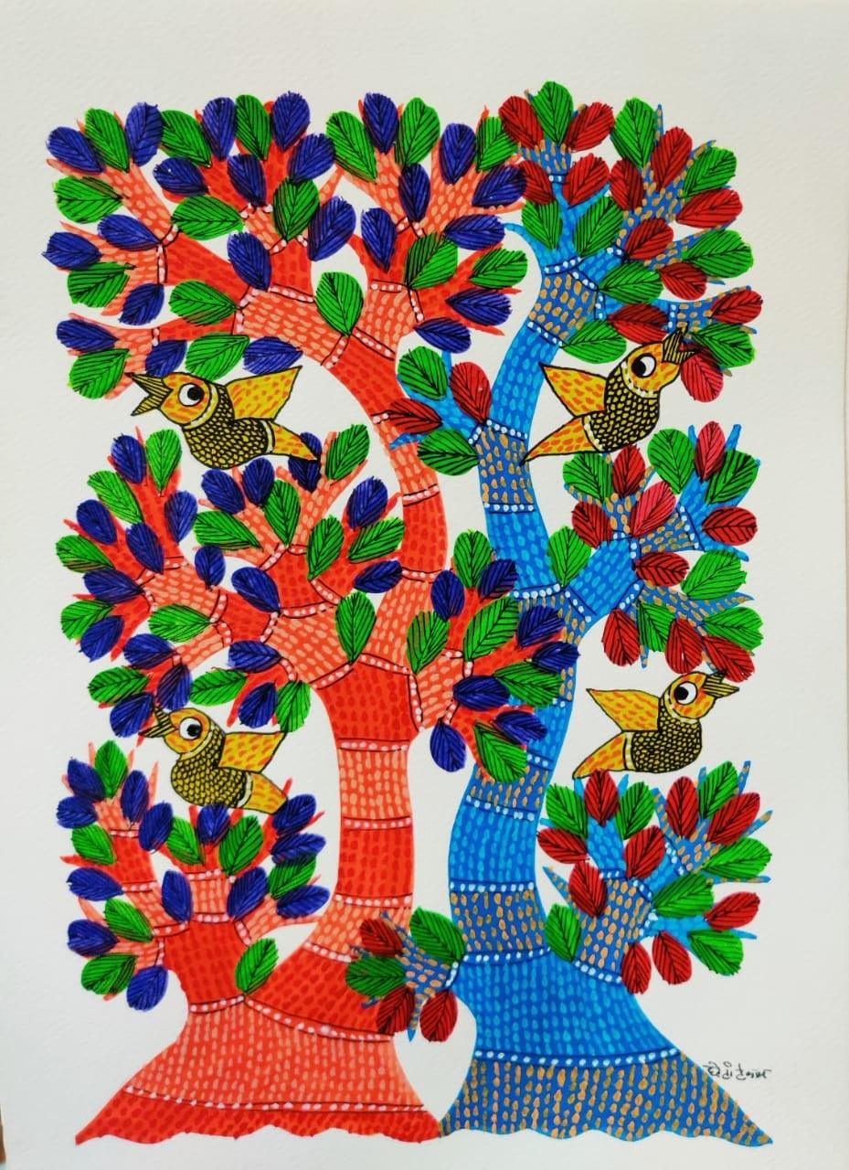 Animals gond traditional art titled 'Birds 11', 14x10 inches, by artist Choti Gond Artist on Paper