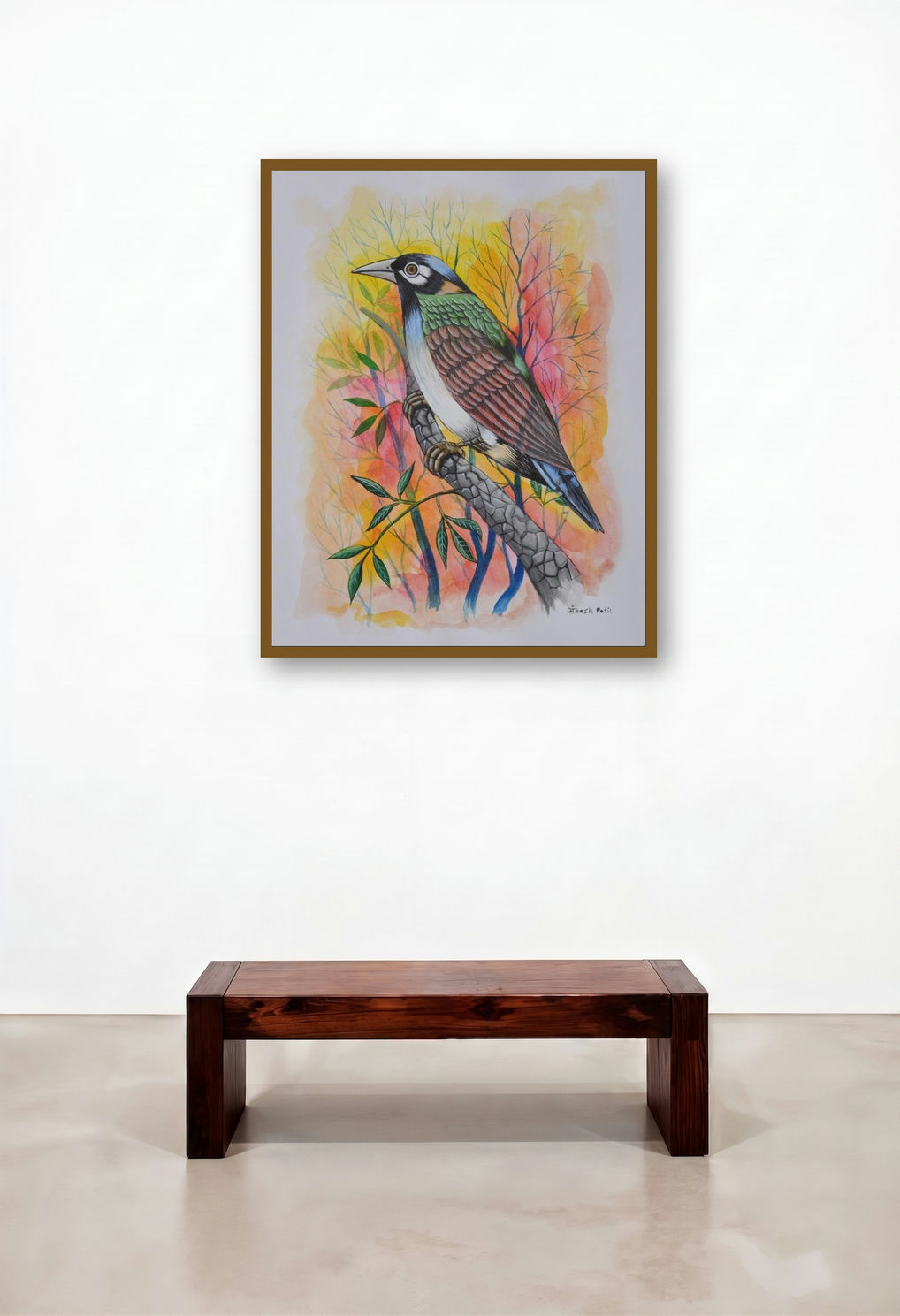Birds 157 (Indian Bird) by artist Santosh Patil displayed in a Rustic Executive Office