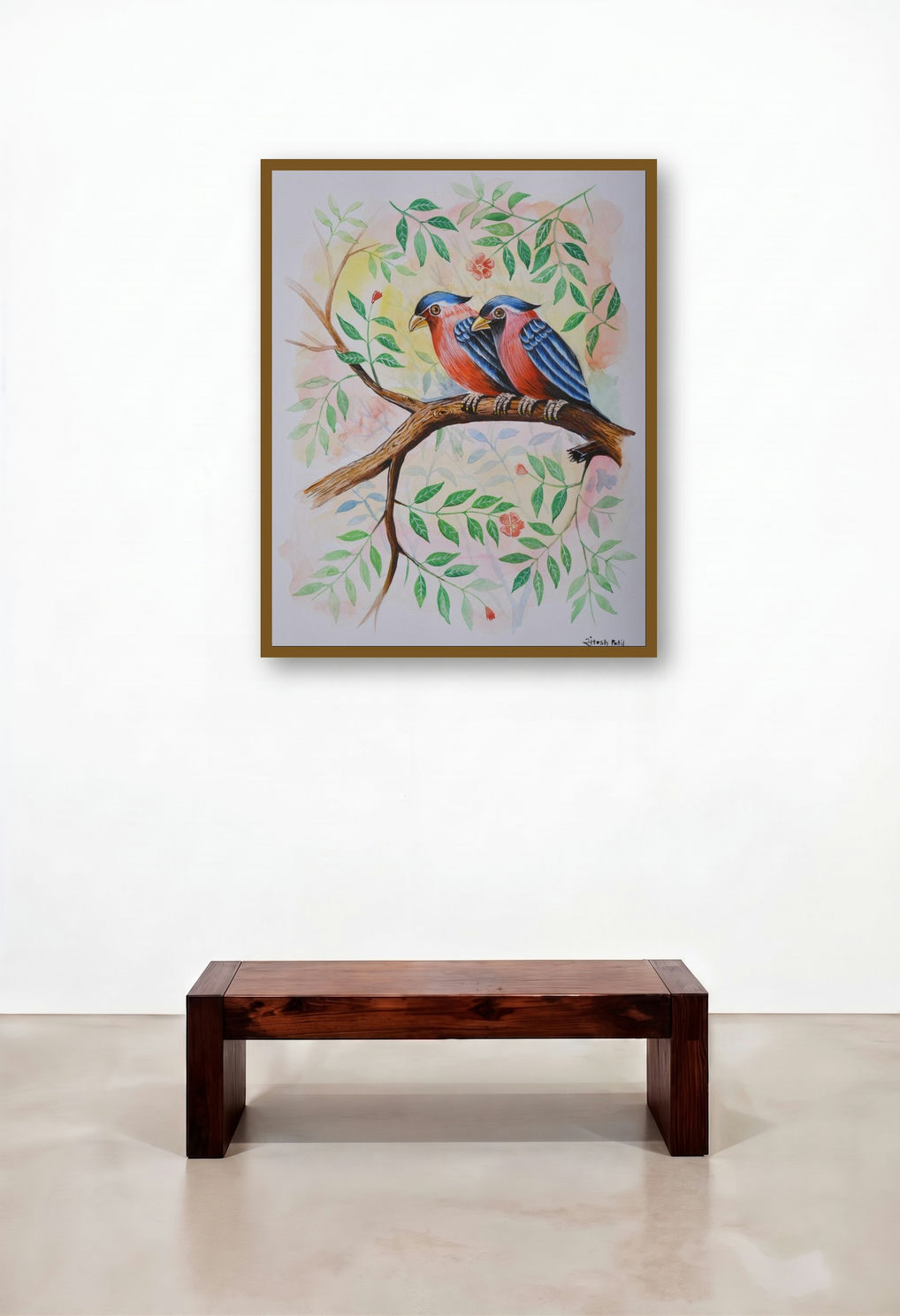 Birds 219 (Birds on Branch with Flowers)