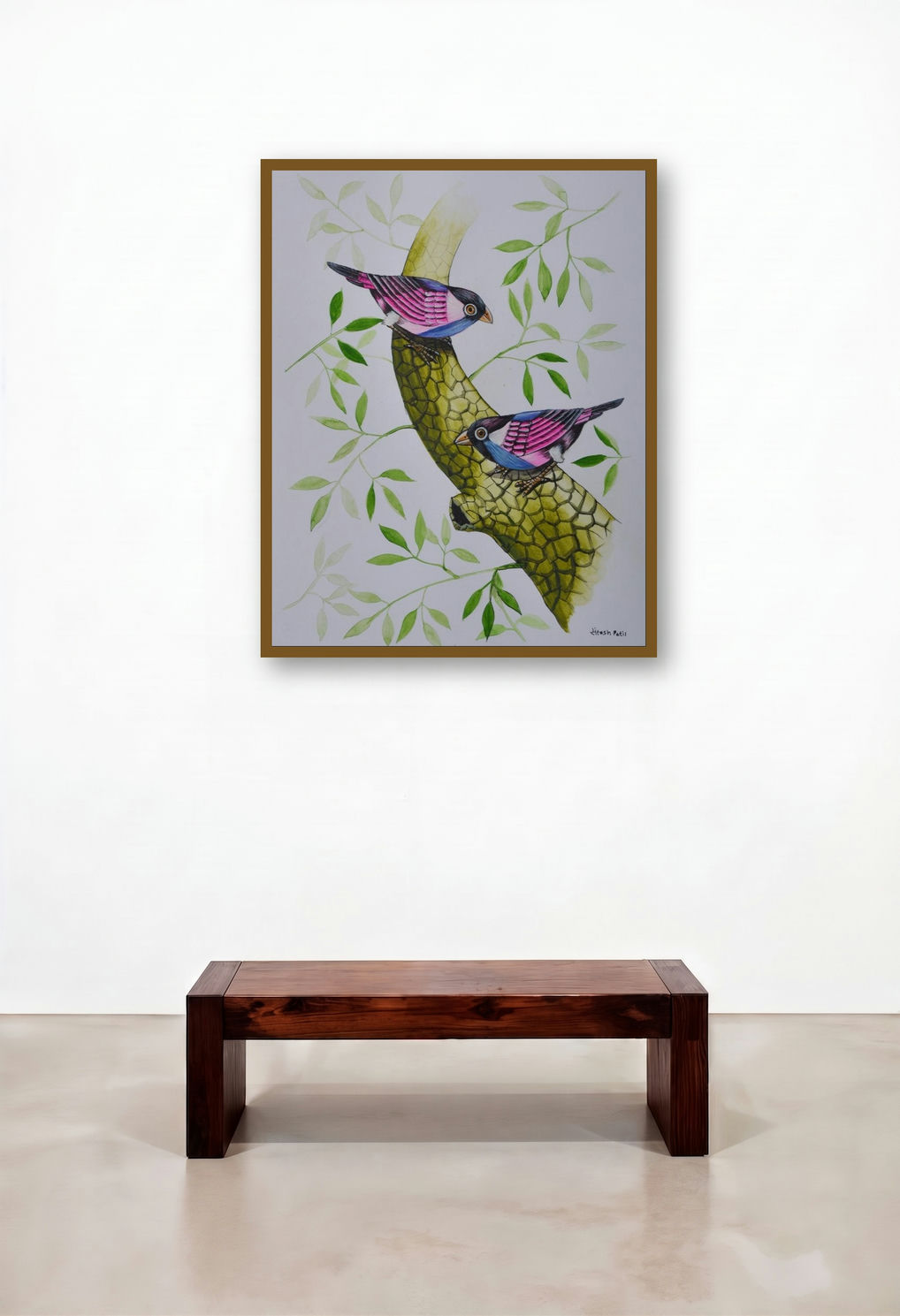 Birds 258 (Pink and Blue Birds) by artist Santosh Patil displayed in a Boutique Hotel Style Study