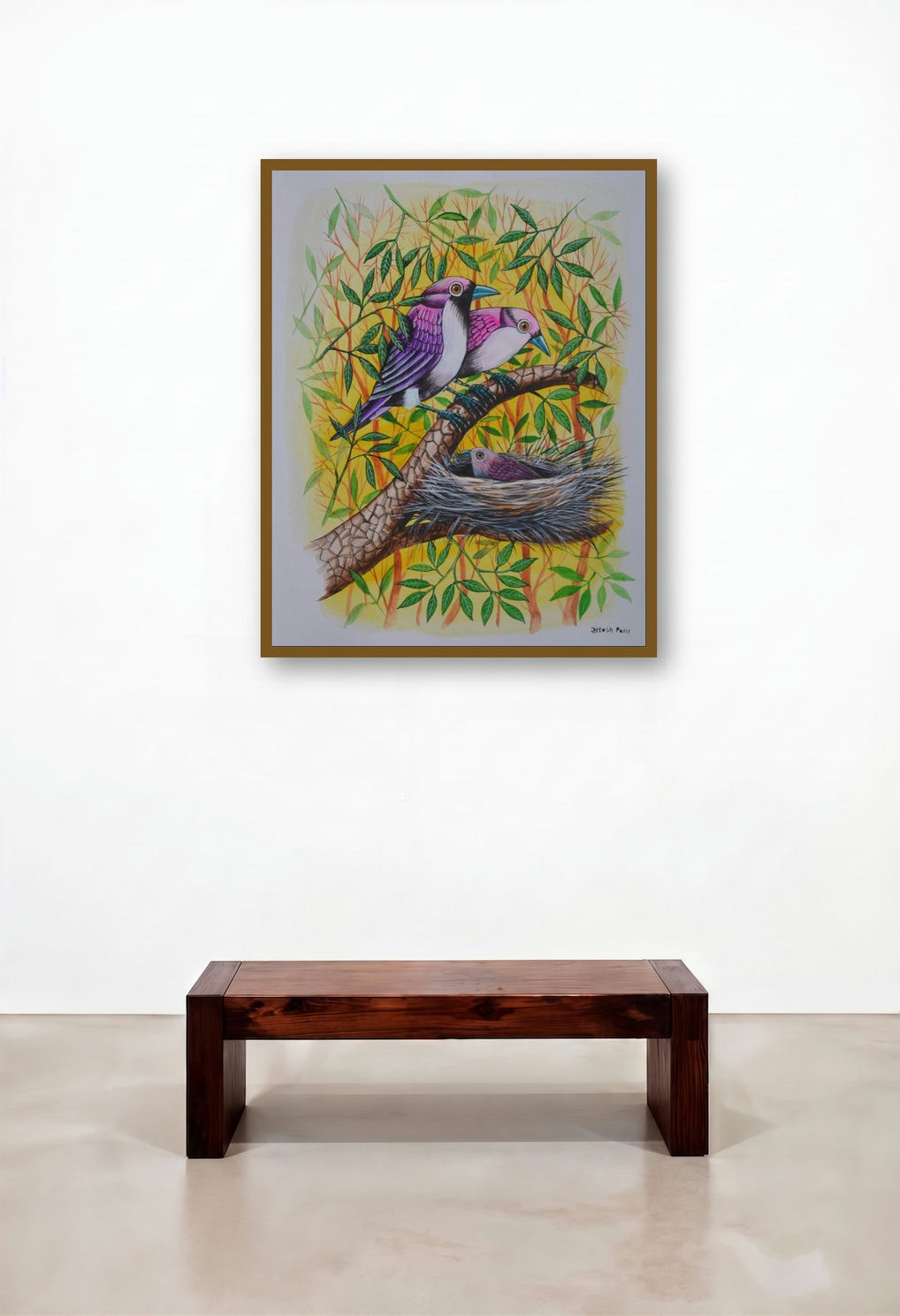 Birds 259 (Birds and Nest) by artist Santosh Patil displayed in a Japandi Hotel Suite