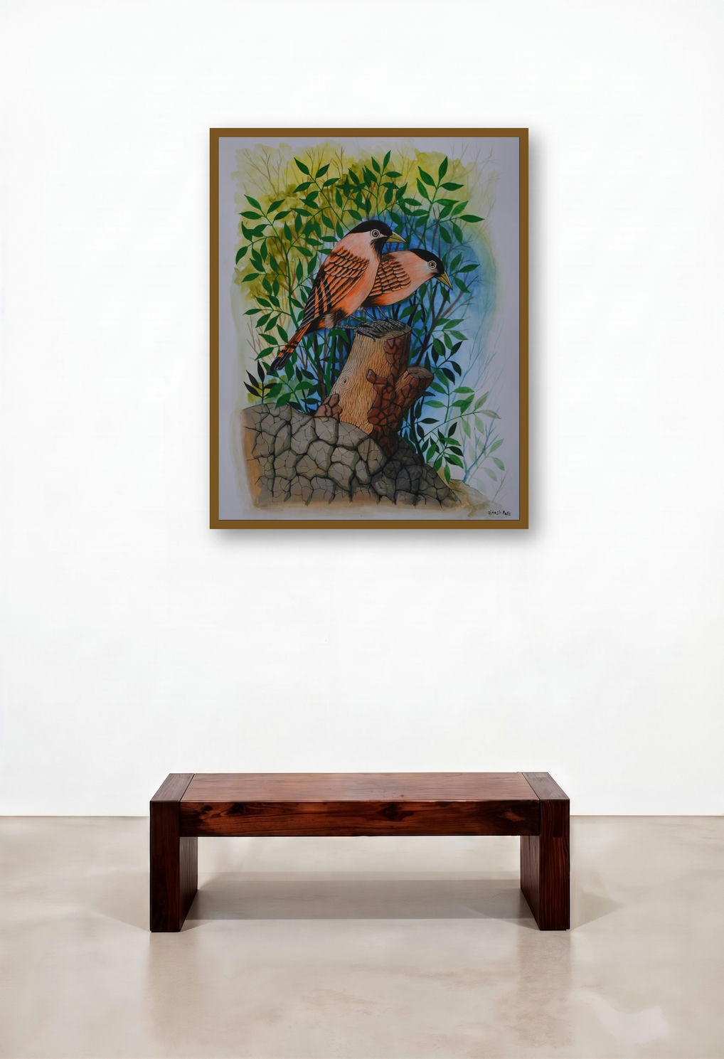 Birds 273 (Birds on a Tree Stump) by artist Santosh Patil displayed in a Minimalist Executive Office
