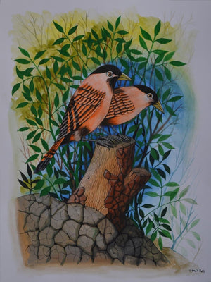 Birds 273 (Birds on a Tree Stump) by Santosh Patil, Original Watercolor Animal Painting on Paper, Small Vertical Wall Art