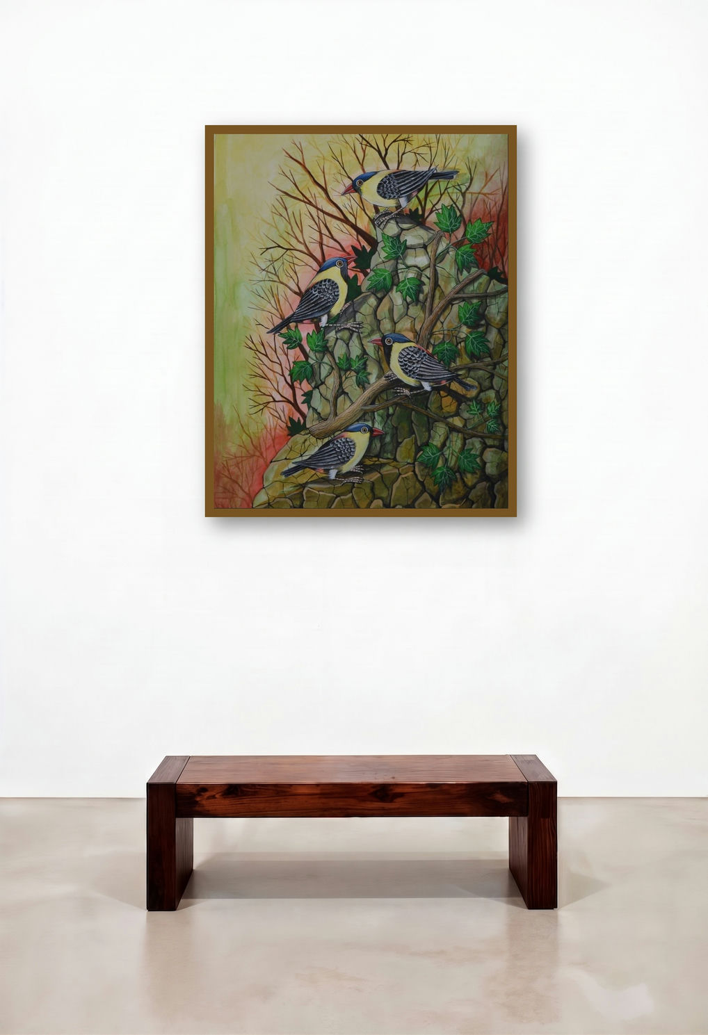 Birds 401 (Birds on a Rock) by artist Santosh Patil displayed in a Art Deco Foyer
