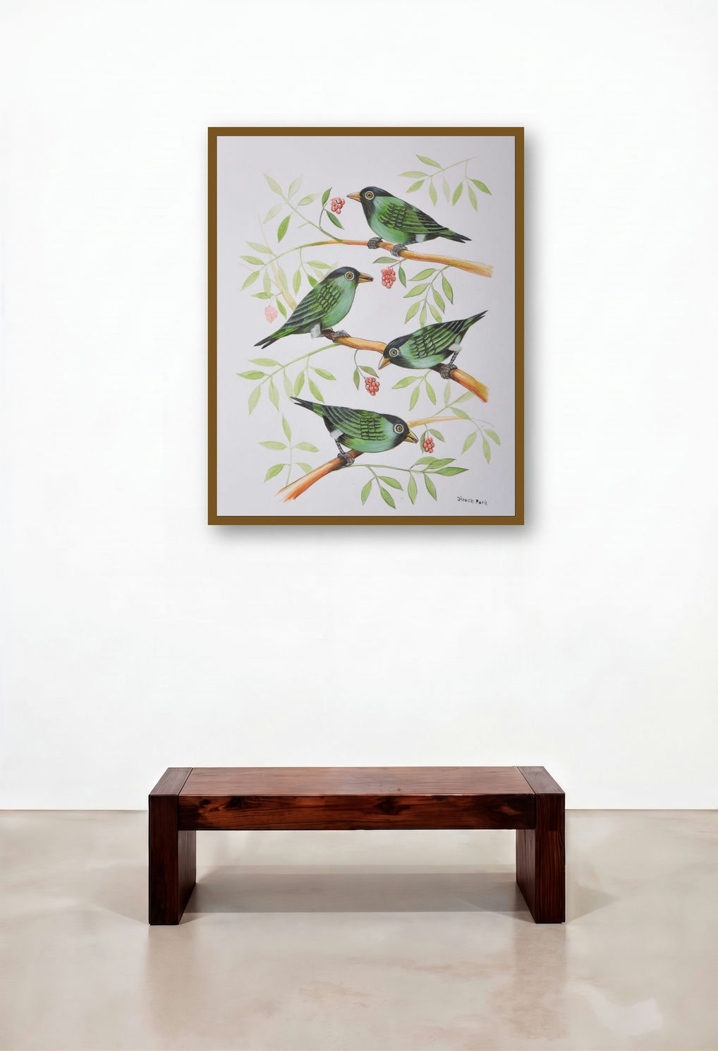Birds 402 (Green Birds on Branches) by artist Santosh Patil displayed in a Mid-Century Modern Foyer