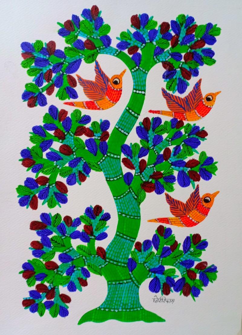 Animals gond traditional art titled 'Birds 7', 14x10 inches, by artist Choti Gond Artist on Paper