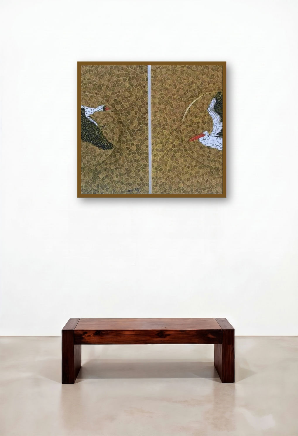 Birds (Diptych) by artist Rama Krishna V displayed in a Traditional Executive Office