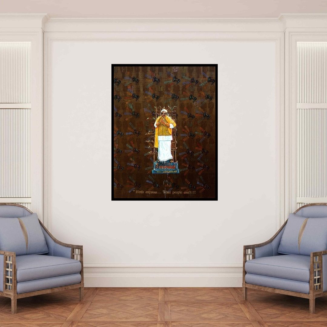 In-situ view of Balaji Ponna's 'Birds Express What People Cant (Birdsong)' painting in a room