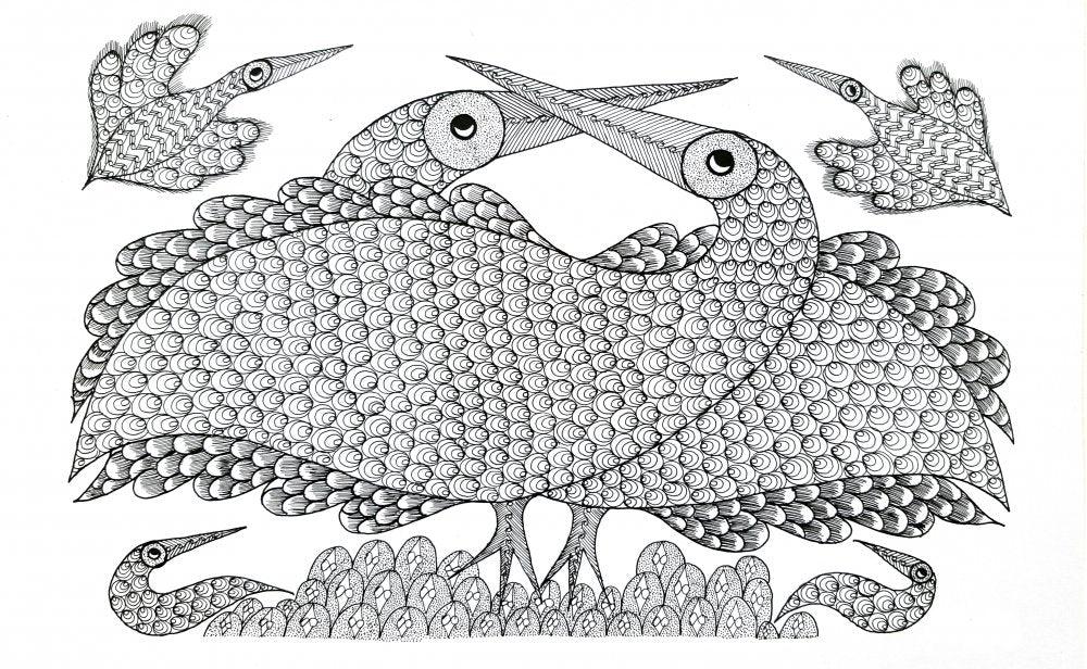 Folk Art gond traditional art titled 'Birds From The Heaven Gond Art', 10x14 inches, by artist Umaid Singh Patta on Paper