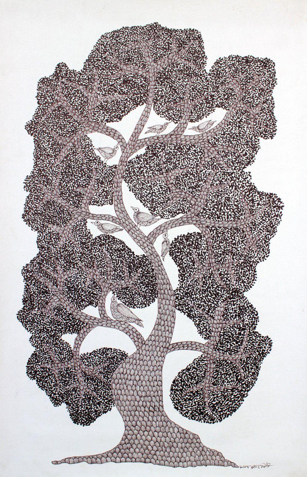 Folk Art gond traditional art titled 'Birds Home Gond Art', 15x10 inches, by artist Artisan on Paper