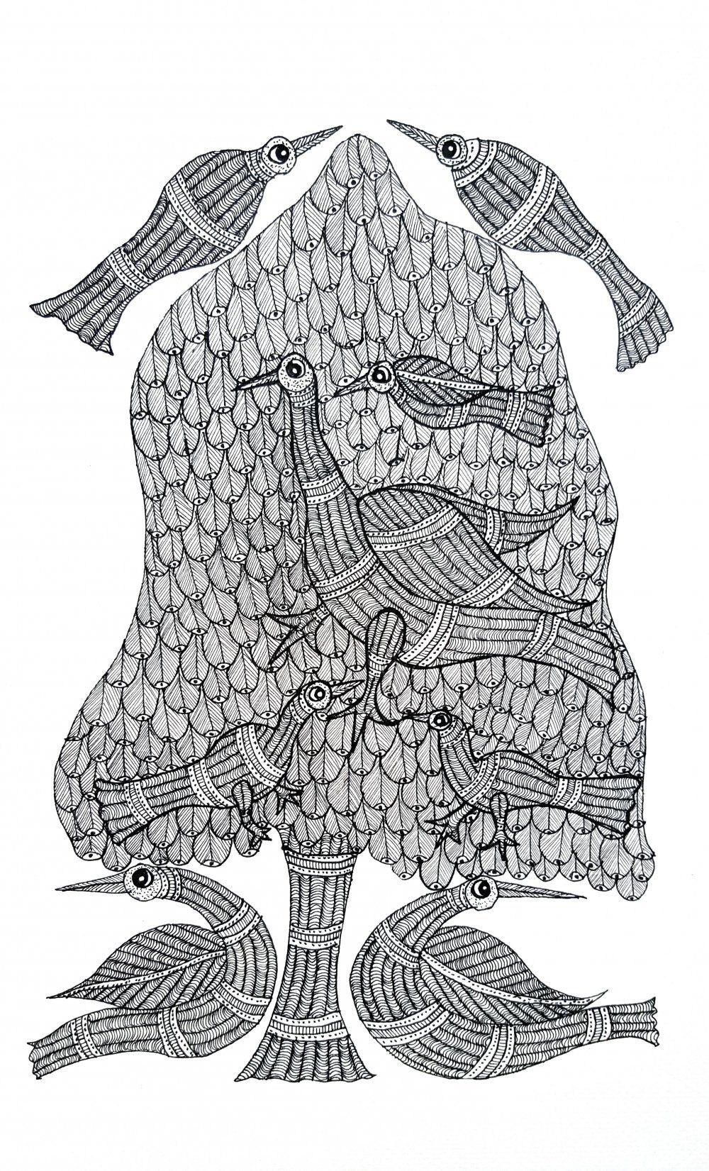 Folk Art gond traditional art titled 'Birds In A Tree Gond Art', 15x10 inches, by artist Chitrakant Shyam on Paper