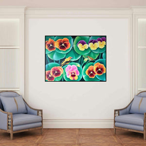 'Birds Series 1 (Pansies and Birds)' painting by Murali Nagapuzha shown on a wall in a furnished room.