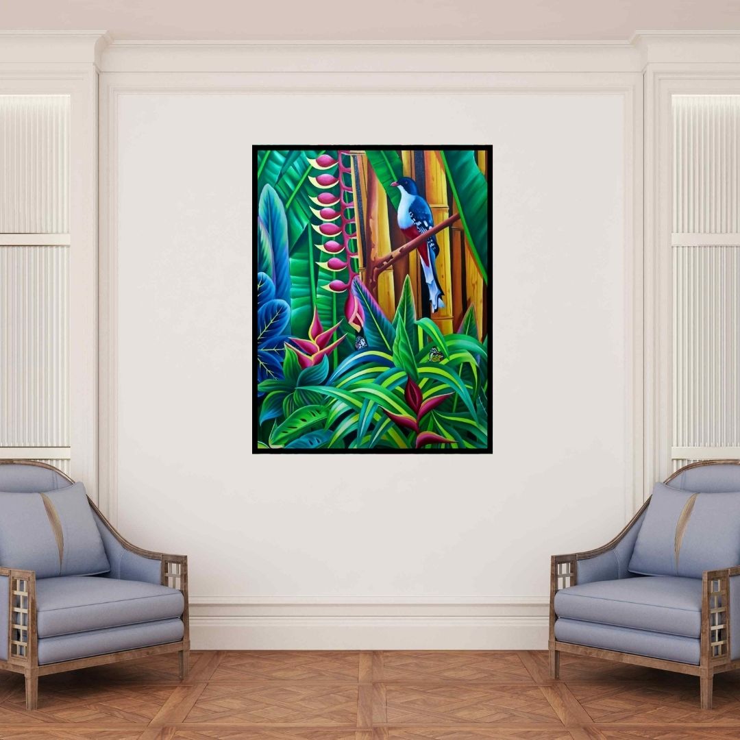 In-situ view of Murali Nagapuzha's 'Birds Series 2 (Bird in Tropical Garden)' painting in a room