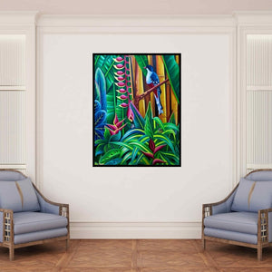 In-situ view of Murali Nagapuzha's 'Birds Series 2 (Bird in Tropical Garden)' painting in a room