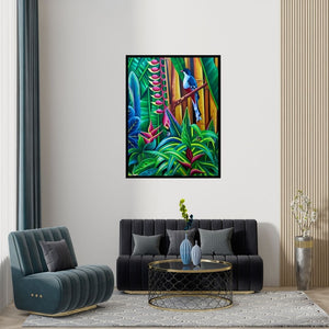 Preview of 'Birds Series 2 (Bird in Tropical Garden)' Painting by Murali Nagapuzha shown on a wall in a furnished room.