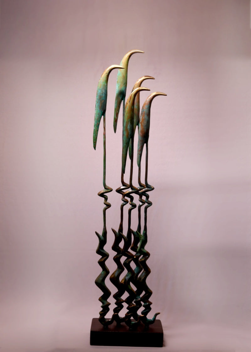 'Birds V' animals Brass sculpture by artist Rohan Pawar, 40x10 inch, on brass