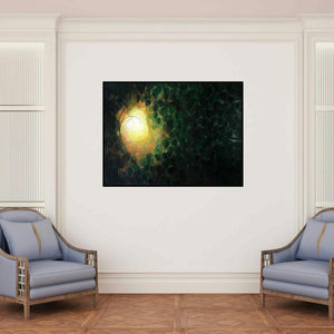 'Birds View' painting by Seby Augustine shown on a wall in a furnished room.