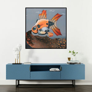 'The Birth Of Fish From Mechanical Fish (Mechanical Fish Leader)' painting by Bikash Mohanta shown on a wall in a furnished room.