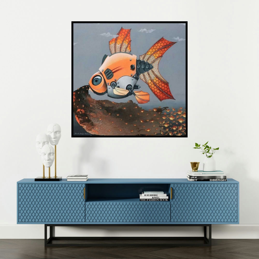 'The Birth Of Fish From Mechanical Fish (Mechanical Fish Leader)' painting by Bikash Mohanta shown on a wall in a furnished room.