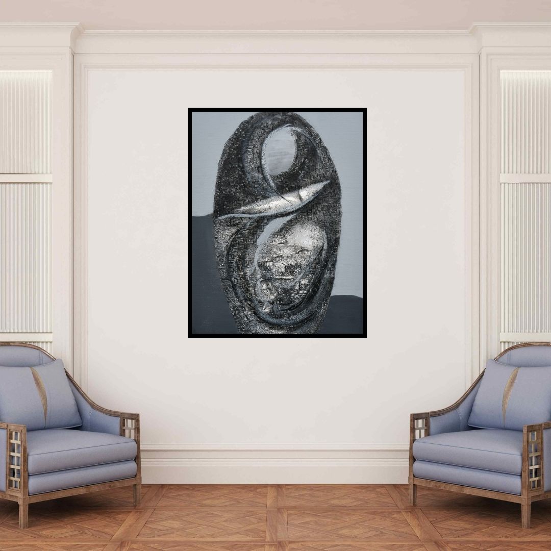 In-situ view of Kusum Lata Sharma's 'Birth' painting in a room